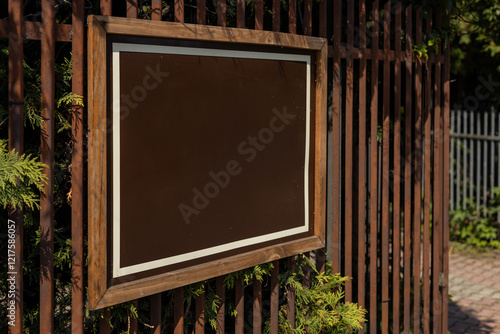 Obraz na płótnie Blank brown billboard sign mockup in the urban environment. Clear urban glued advertising canvas. Billboard advertisement advertiser on steel fence. Mock up w salonie
