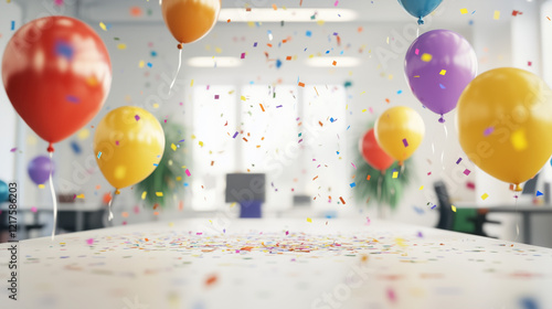 Festive Office Scene with Colorful Confetti and Balloons Placed Along the Edges of a Clean Desk, Creating a Large, Empty Space in the Center for Custom Text or Personal Message, copy space