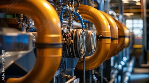 A state-of-the-art air heat pump system is installed in a home boiler room, complete with visible pipes and valves for climate control photo