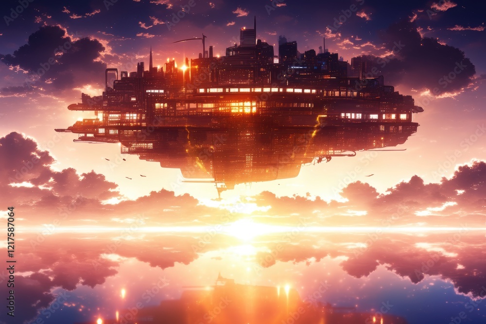 Fototapeta premium Futuristic City Floating Above Sunset Cloudscape