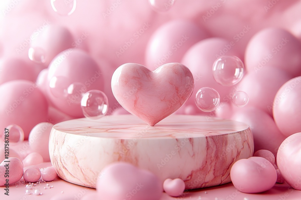 Decorative pink heart on marble platform surrounded by bubbles and pastel spheres in a romantic setting Decorative pink heart on marble platform surrounded by bubbles and pastel spheres in a romantic setting