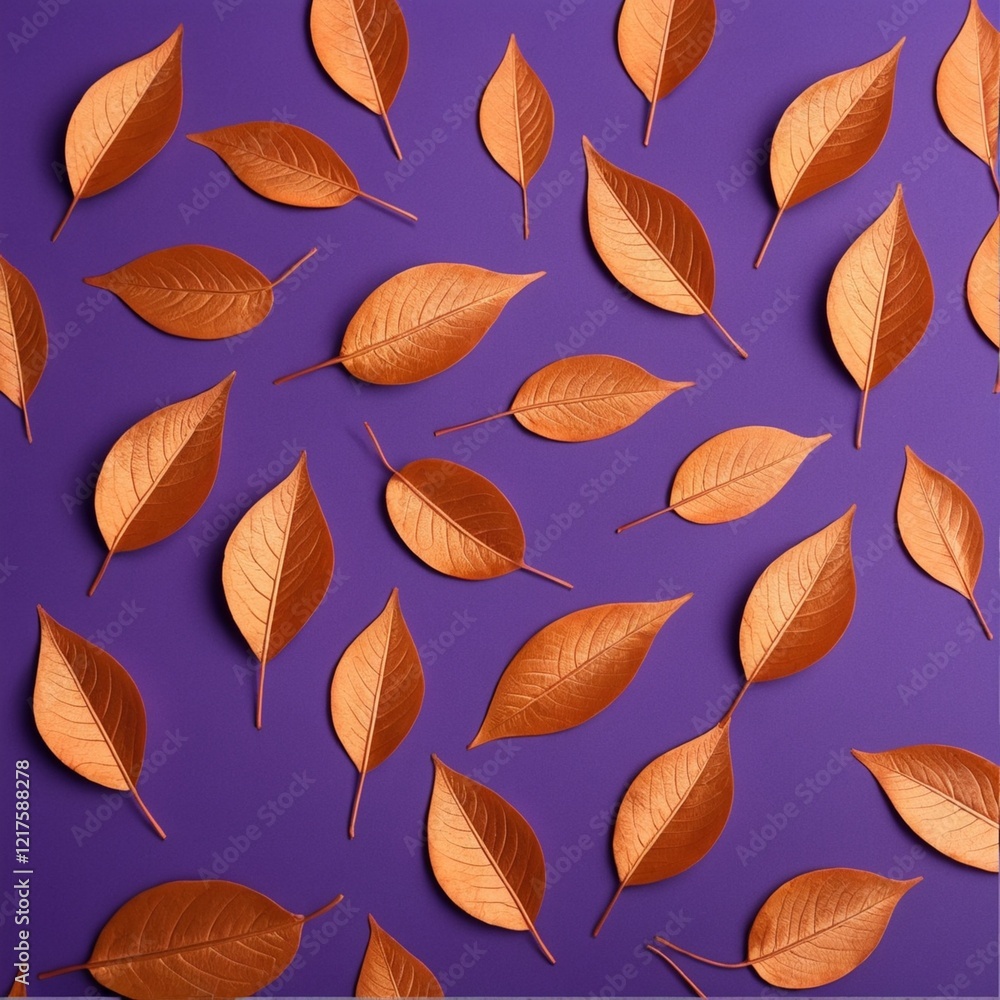 Obraz premium Pattern of dry orange metallic leaves on violet background