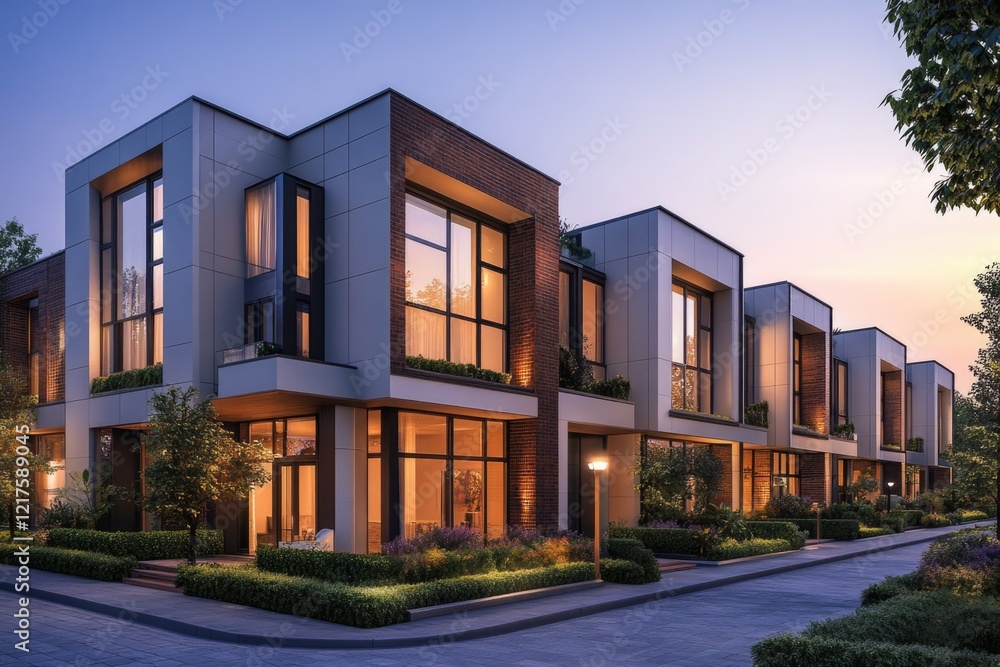 A contemporary row of townhouses with large windows and brick facades. A contemporary row of townhouses with large windows and brick facades.