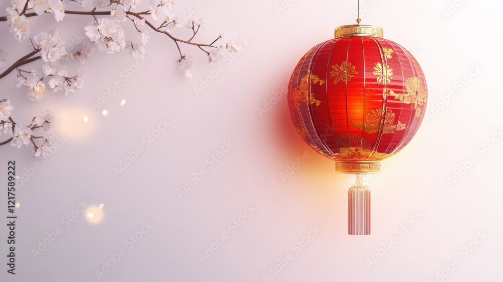 Fototapeta premium An elegant Lunar New Year red lantern with glowing light, surrounded by delicate gold designs and displayed on a clean white background