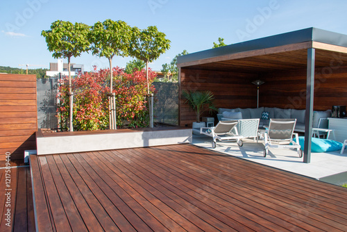 Wooden gazebo modern home garden design with hardwood floor patio