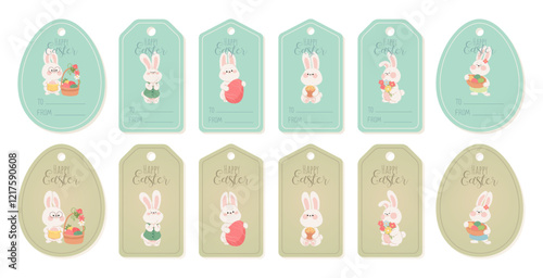 Easter tags with cute bunnies. Easter set of gift tags and price tags with rabbits, eggs, and flowers. Vector illustration of templates for tags, labels, and badges with funny characters.
