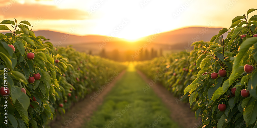 Naklejka premium Rows of fruit trees at sunset. Golden hour light bathes the orchard in a warm glow, highlighting ripe fruit amongst lush green leaves.