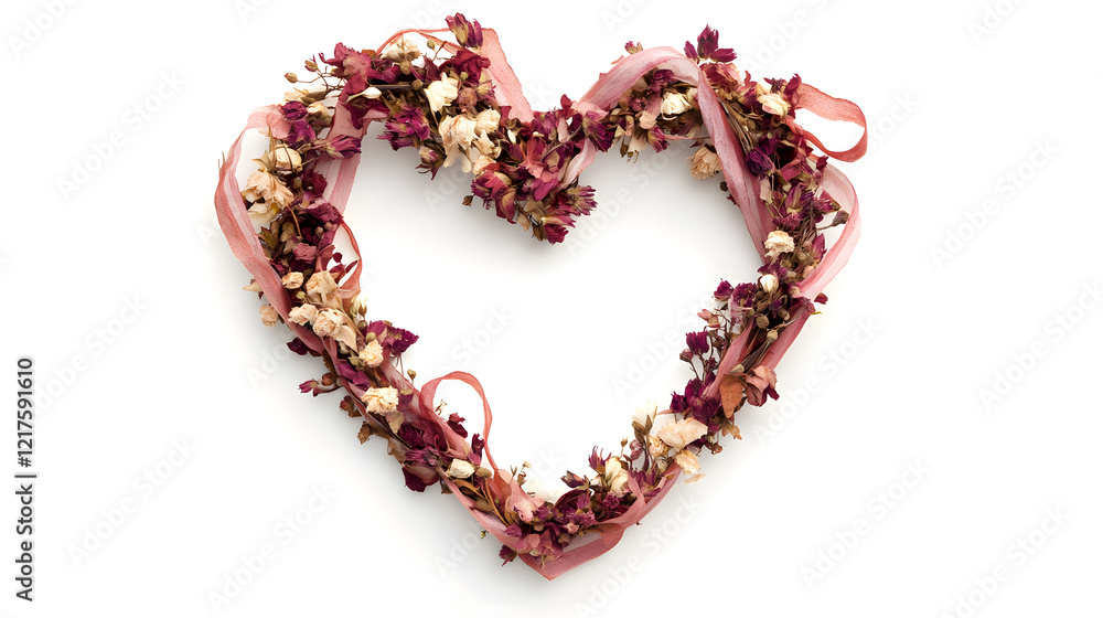 ? A heart-shaped wreath made of dried flowers and ribbons isolated on white background in HD ? A heart-shaped wreath made of dried flowers and ribbons isolated on white background in HD