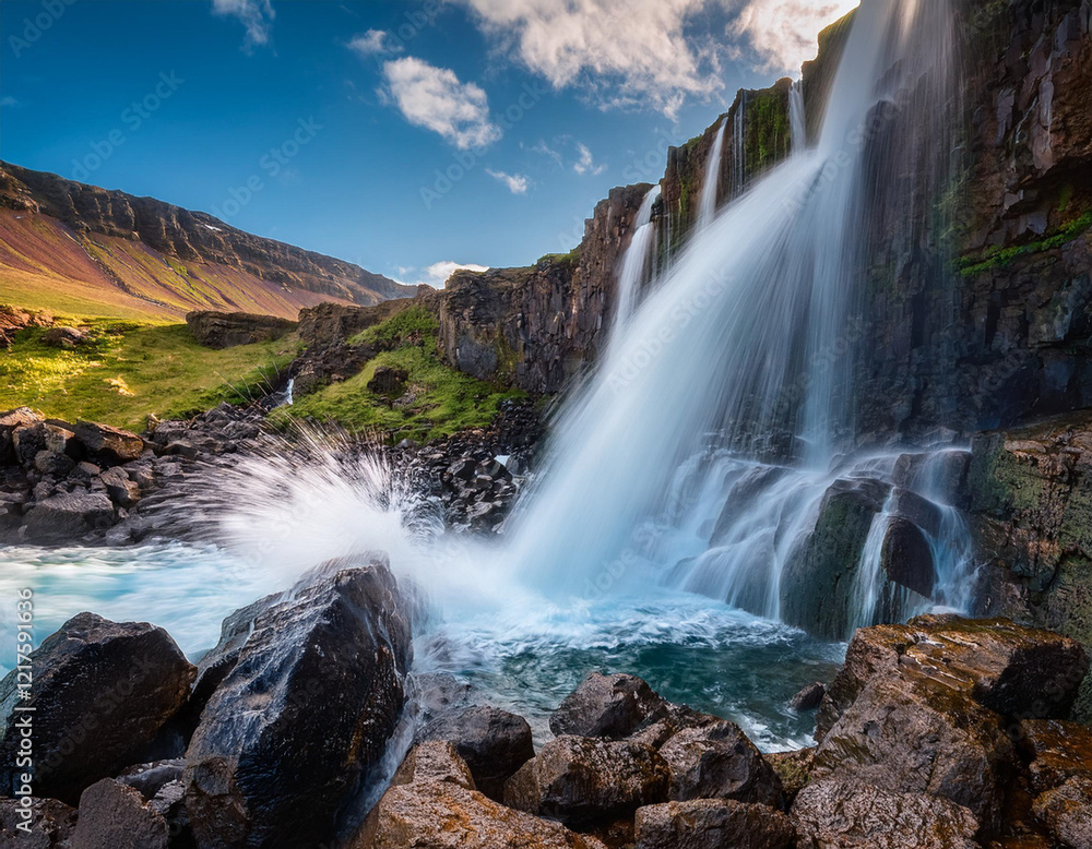 Obraz premium A waterfall splashing dramatically over rocky cliffs.