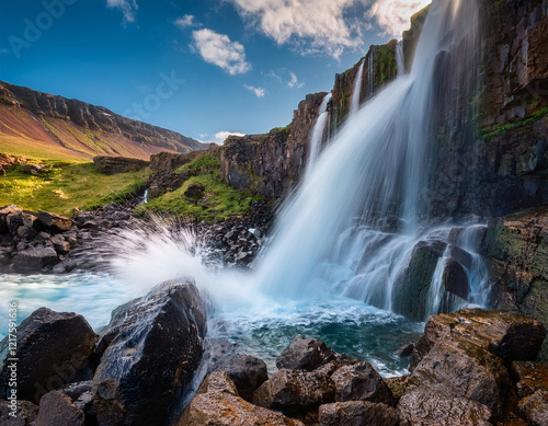 A waterfall splashing dramatically over rocky cliffs.