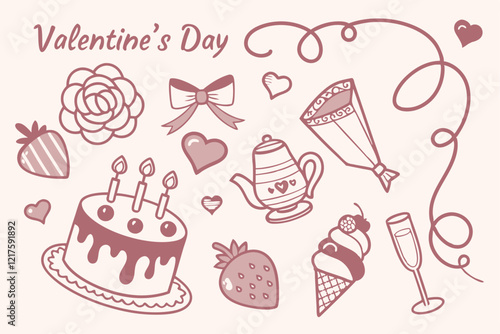 Valentine's Day elements, hand-drawn style, pink monochrome, romantic icons, hearts, bows, roses, cake, candles, teapot, love letter, champagne glass, strawberries, lace patterns, delicate linework, w