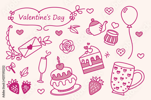 Valentine's Day elements, hand-drawn style, pink monochrome, romantic icons, hearts, bows, roses, cake, candles, teapot, love letter, champagne glass, strawberries, lace patterns, delicate linework, w