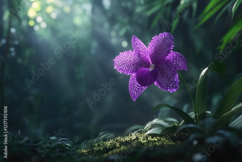 A vibrant purple orchid blossoms in a lush, mystical rainforest setting, bathed in soft sunlight. photo