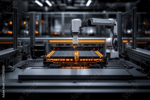 Advanced robotic arm works on a semiconductor manufacturing process in a high-tech facility photo