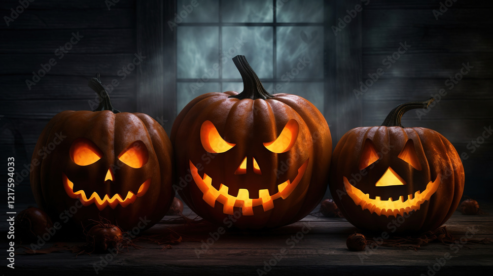 Spooky Jack-o'-Lanterns in a Rustic Halloween Setting Spooky Jack-o'-Lanterns in a Rustic Halloween Setting