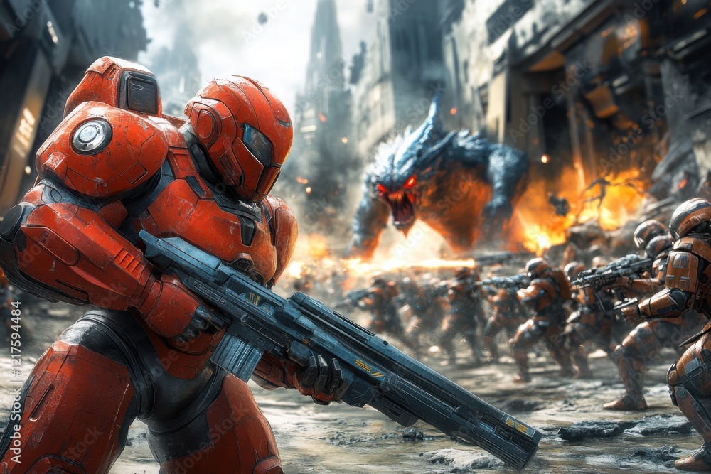 Soldier in red futuristic armor leading a battle in a war-torn city against a monstrous creature
Soldier in red futuristic armor leading a battle in a war-torn city against a monstrous creature