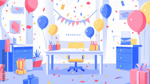 Flat Lay of a Tidy Office Desk Adorned with Balloons, Presents, and Confetti Around the Edges, Leaving a Clear and Spacious Center for a Custom Message copy space