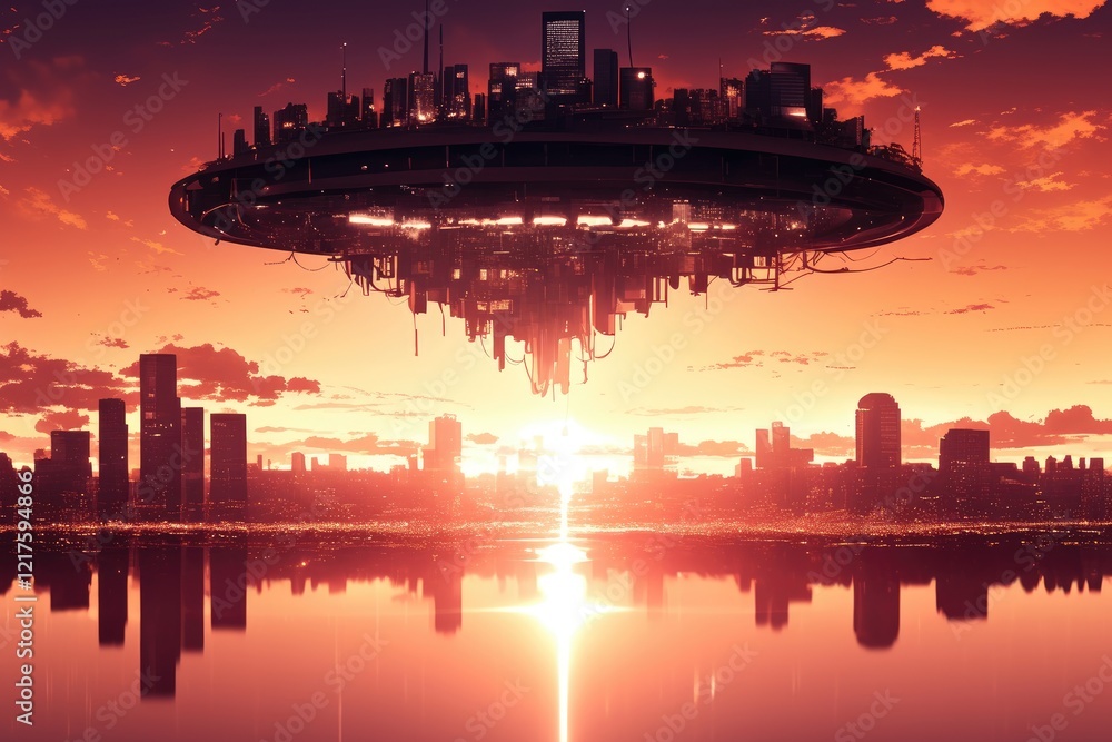 Fototapeta premium Floating City Sunset Over Cityscape Reflection