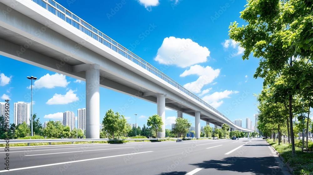 Elevated highway, city road, sunny day, trees, background buildings, transport Elevated highway, city road, sunny day, trees, background buildings, transport