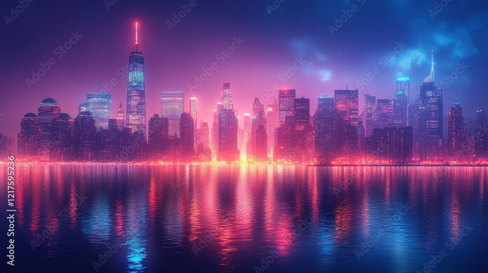Fototapeta premium A vibrant city skyline illuminated with colorful lights reflecting on water.