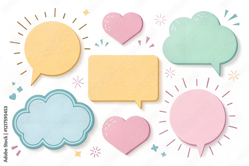 A colorful arrangement of pastel paper speech bubbles and hearts with decorative accents like stars and lines, isolated on white. Ideal for fun, romantic, or celebratory designs. A colorful arrangement of pastel paper speech bubbles and hearts with decorative accents like stars and lines, isolated on white. Ideal for fun, romantic, or celebratory designs.