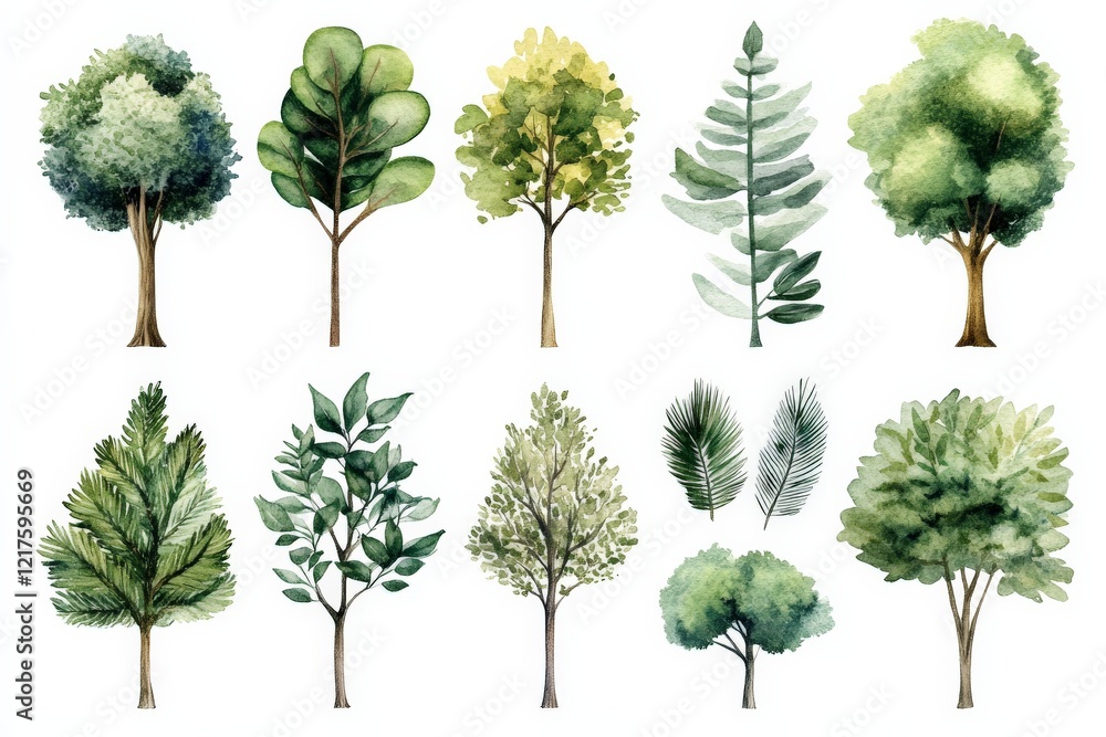 Fototapeta premium Collection of diverse watercolor trees showcasing various shades of green and leaf structures in a vibrant design