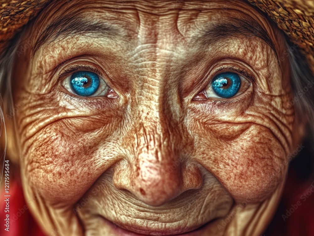 Portrait of Elderly Woman with Kind Blue Eyes and Charming Smile