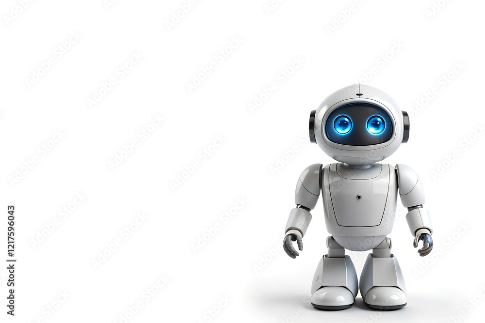 small humanoid robot with white and grey design, rounded head, cylindrical arms and legs, rectangular torso, and large rounded feet for stability small humanoid robot with white and grey design, rounded head, cylindrical arms and legs, rectangular torso, and large rounded feet for stability