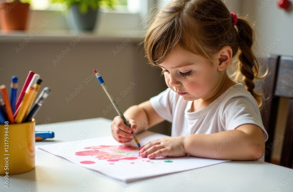 child drawing with crayon, creative child in pink shirt focused on artwork at table with colorful crayons - concept of childhood creativity, artistic expression, joyful drawing session child drawing with crayon, creative child in pink shirt focused on artwork at table with colorful crayons - concept of childhood creativity, artistic expression, joyful drawing session