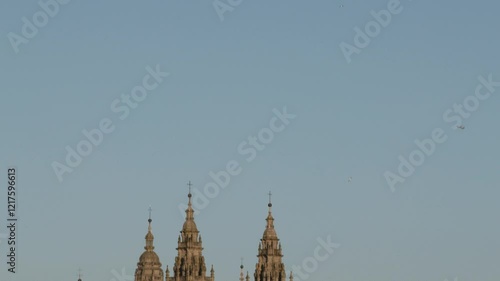 Panoramic view of Santiago de Compostela cathedral and old town at sunset of a summer day