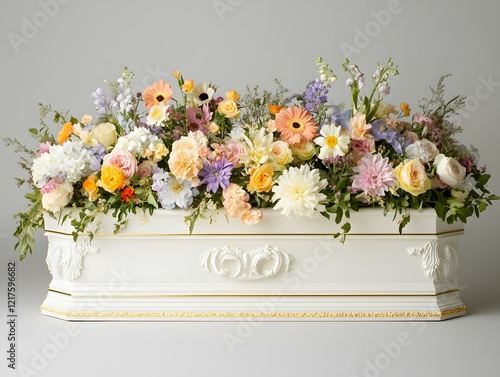 Elegant floral arrangement adorning a white casket with pastel blooms and greenery for a memorial service photo