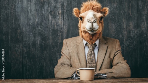 A camel-headed man in a suit sits at a table with a cup, blending humor and surrealism in a unique and whimsical scene.