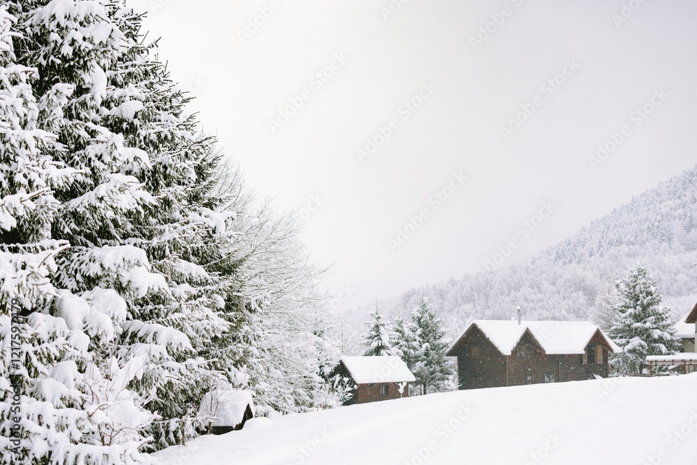 Naklejka premium A picturesque winter day at Plaiul Foii, where charming wooden cottages are nestled among snow-laden trees under a softly gray sky. The tranquil atmosphere invites reflection and peace