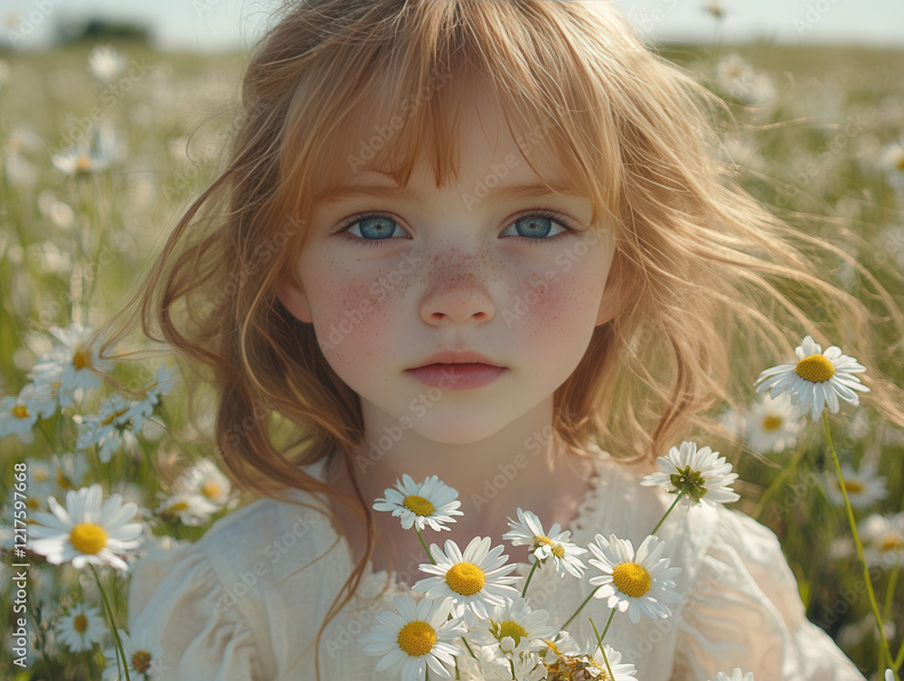 A close-up portrait of a little girl with freckles, wearing a light pastel dress, holding a small bouquet of daisies, standing in a blooming meadow during a sunny spring morning, soft sunlight A close-up portrait of a little girl with freckles, wearing a light pastel dress, holding a small bouquet of daisies, standing in a blooming meadow during a sunny spring morning, soft sunlight