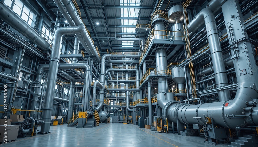 Fototapeta premium Interior Of Modern Industrial Plant with large metal pipes and complex machinery. The facility features an intricate network of ducts and supports, 8k 