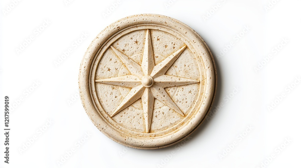 A circular compass rose design featuring eight points, crafted in a light-colored material, symbolizing direction and navigation. A circular compass rose design featuring eight points, crafted in a light-colored material, symbolizing direction and navigation.