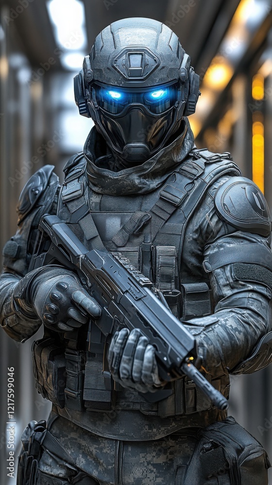 A futuristic tactical soldier with glowing blue eyes and advanced combat armor holding a high-tech rifle in a cyber setting
A futuristic tactical soldier with glowing blue eyes and advanced combat armor holding a high-tech rifle in a cyber setting