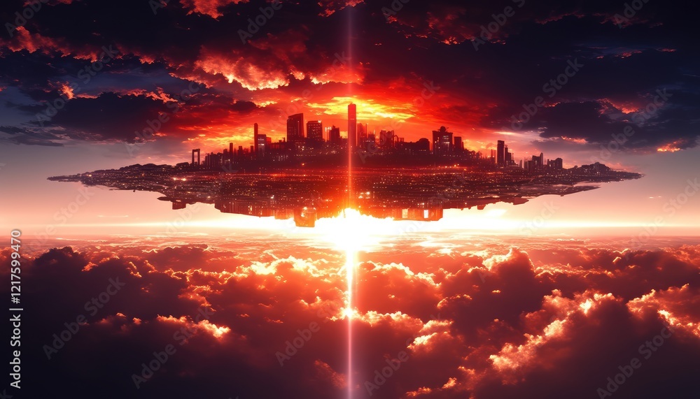 Floating City Above Sunset Cloudscape A Stunning Digital Artwork