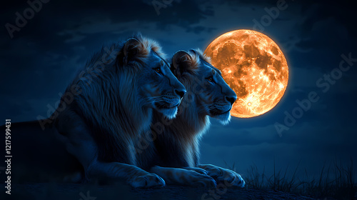 Enchanting portrait of a lion couple with a full moon rising over the savanna. Midnight Plains. Illustration