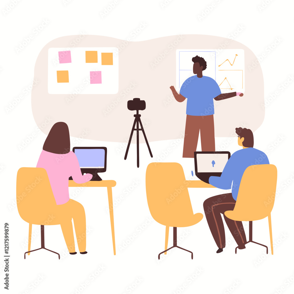 Fototapeta premium Illustration of a business presentation with diverse people engaged in a meeting using laptops