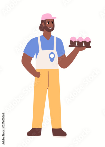 Illustration of a cheerful ice cream vendor holding a tray of ice cream cones in a playful outfit