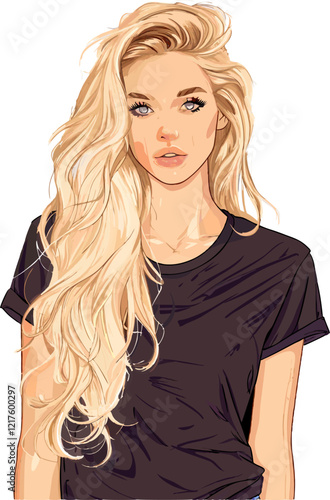 Vector illustration of a fashion model with flowing blonde hair, wearing a casual t-shirt, representing modern beauty trends