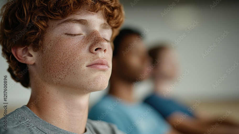 Fototapeta premium A calm group of young individuals practicing mindfulness or meditation, with one boy in the foreground deeply focused and relaxed.