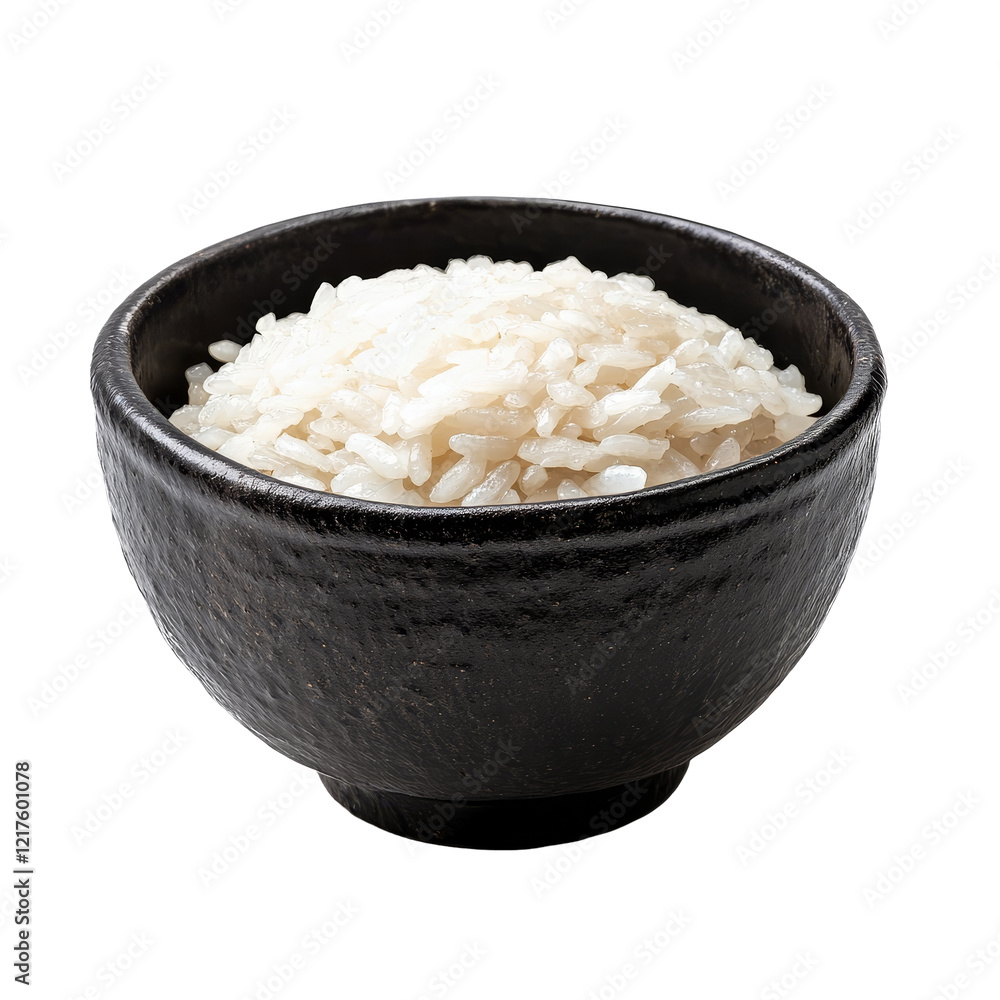 Steamed rice served in a traditional black bowl on a simple transparent background for minimalistic presentation, Rice in black bowl on transparent background Steamed rice served in a traditional black bowl on a simple transparent background for minimalistic presentation, Rice in black bowl on transparent background