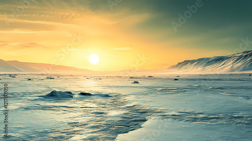 The midnight sun hovering over a glacial plain, casting soft golden light. Midnight Plains. Illustration