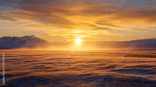 The midnight sun hovering over a glacial plain, casting soft golden light. Midnight Plains. Illustration