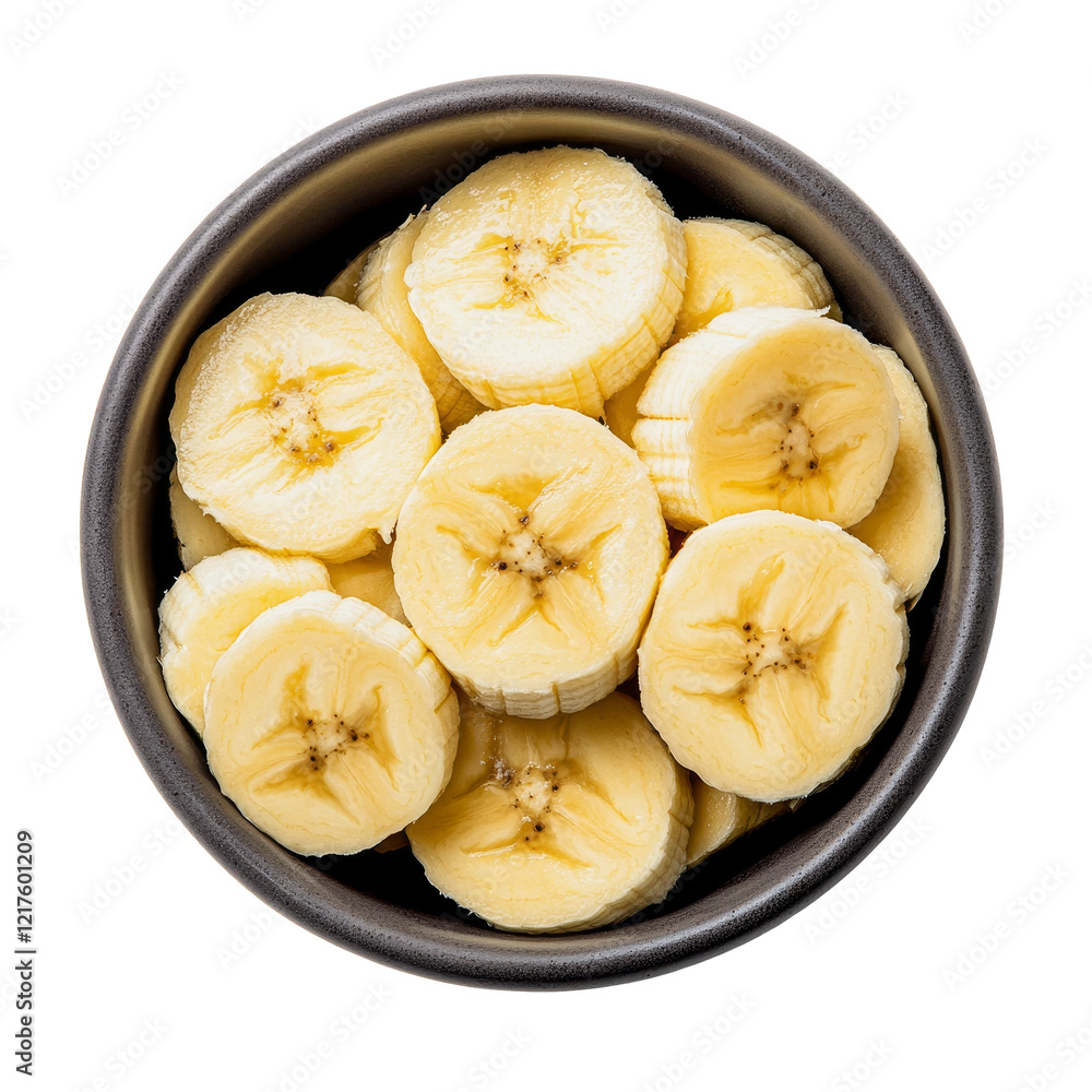 Freshly sliced bananas in a bowl against a clean transparent background for a healthy snack or dessert option, slice bananas in bowl on transparent background Freshly sliced bananas in a bowl against a clean transparent background for a healthy snack or dessert option, slice bananas in bowl on transparent background