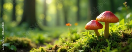 Forest ferns and wild mushrooms growing in a sunny clearing, mushrooms, wildflowers photo