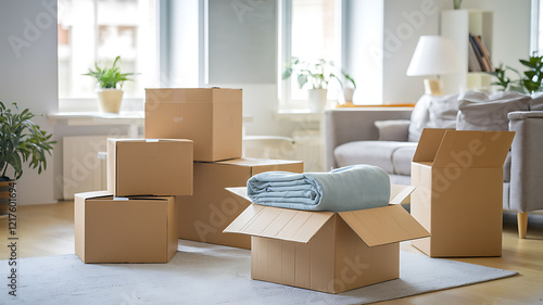 Moving boxes in modern living room with natural light, symbolizing housewarming