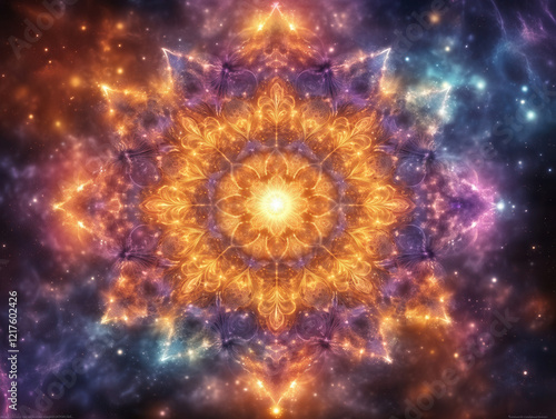Mandala made of glowing stars and cosmic dust, symmetrical cosmic design, radiant light in the center, intricate circular patterns, vibrant colors (gold, teal, purple, white)
